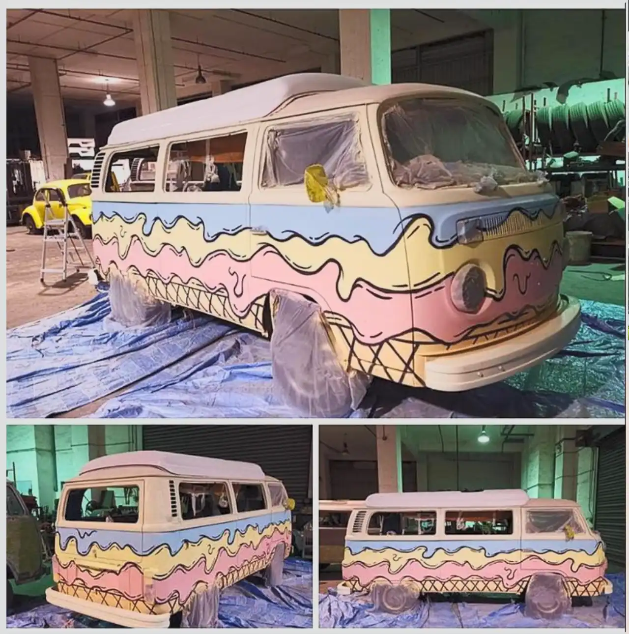 A vintage Volkswagen Kombi being hand-restored and repainted with an ice-cream livery in the workshop, demonstrating adaptive reuse that keeps heritage vehicles out of the scrapyard.