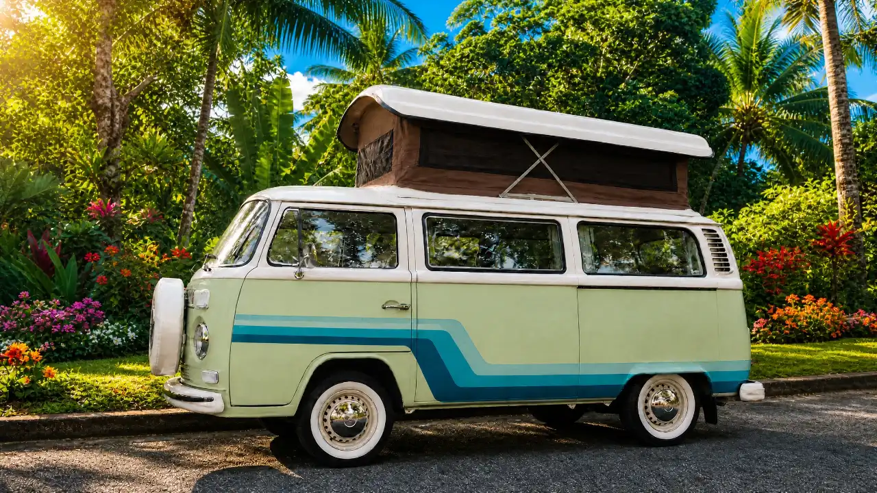 Restored vintage Volkswagen pop-top campervan parked among tropical greenery in Singapore, representing sustainable heritage-vehicle brand activations and adaptive reuse