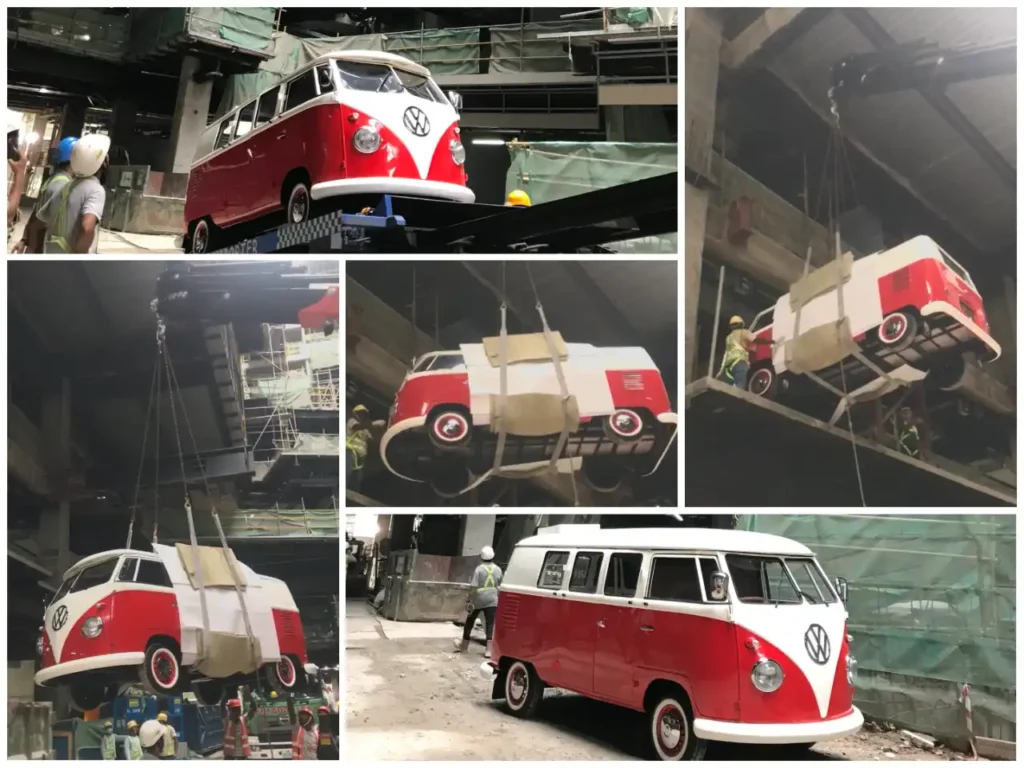VW Kombi food truck craned into Funan Mall during fabrication, Singapore